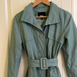 Mossimo light aqua button-up, belted trench coat.